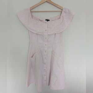 Saks Fifth Avenue Womens Size12 Linen Blend Dress Pink White Stripe Off Shoulder